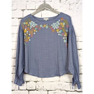 LUCKY BRAND Floral Embroidered Beaded Boho Peasant Chambray Blue Top Small